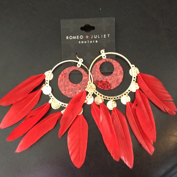 New Romeo & Juliet Double Red Hoops w Feathers - Picture 1 of 1
